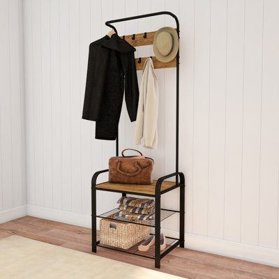 Vandeventer Entryway Bench with Coat Rack – Metal Hall Tree with Seat, Hooks, and Shoe Storage – Rustic Farmhouse Freestanding Mudroom Furniture, Hall by 17 Stories