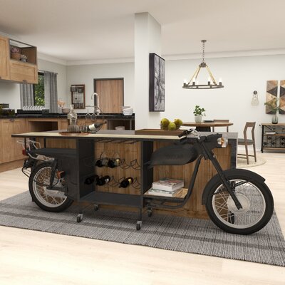 Chenita Metal Handmade One-of-a-Kind Reclaimed Black Motorcycle Bar with Light Up Headlights and Taillights by Williston Forge