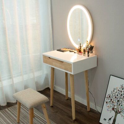 Leicester Vanity Table Set with Adjustable Brightness Mirror and Cushioned Stool by Wade Logan