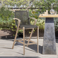 Aleksandrina Outdoor Counter or Bar Height Bar Stool with Arms in Eucalyptus Wood and Rope by Wade Logan