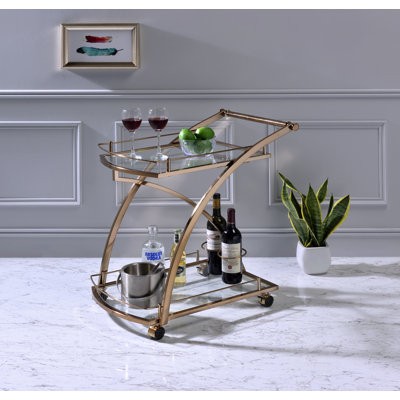 Kungälv Rolling Bar Serving Cart on Lockable Wheels with 2 Glass Shelves and Wine Rack Holders for Home Kitchen Dining and Living Room by Mercer41