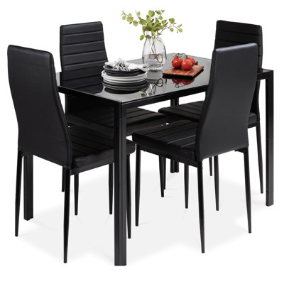 Hekimhan 5-Piece Kitchen Dining Table Set w/ Glass Tabletop, 4 Faux Leather Chairs by Ebern Designs