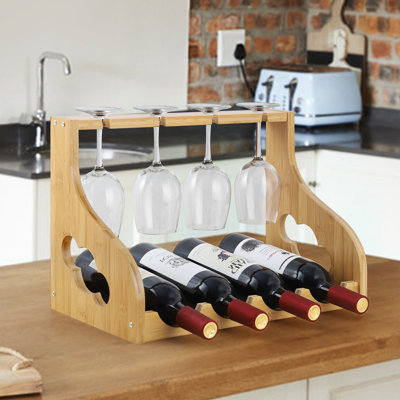 Maelly 4 Bottle Solid Wood Tabletop Wine Bottle & Glass Rack in Brown by Winston Porter