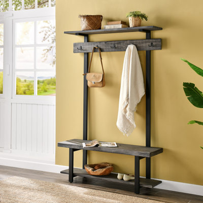 Rundell Pomona 48 in. H Solid Wood Hall Tree with Bench, Metal Coat Hooks and Shelves, Entryway Storage Organizer, Home Decor Accents for Foyer, Hallw by Trent Austin Design