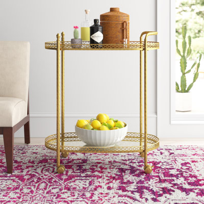 Brass Metal Rolling 2 Mirrored Shelves Bar Cart with Vintage Inspired Details, 30" x 16" x 34" by Mistana