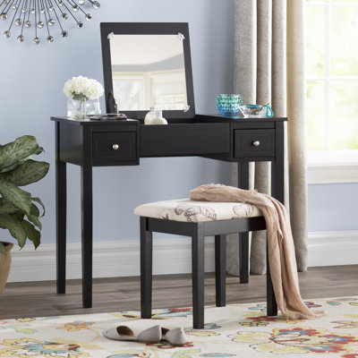 Fidelmar 36" 2-Drawer Flip Top Mirror Vanity with Butterfly Print Stool by Red Barrel Studio