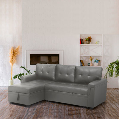 Fane Reversible L-Shaped Sectional Leather Sleeper Sofa Bed with Storage Chaise – Pull Out Couch for Living Room, Elegant Convertible Sofa Offering Co by Ebern Designs