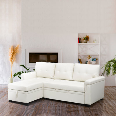 Fane Reversible L-Shaped Sectional Leather Sleeper Sofa Bed with Storage Chaise – Pull Out Couch for Living Room, Elegant Convertible Sofa Offering Co by Ebern Designs