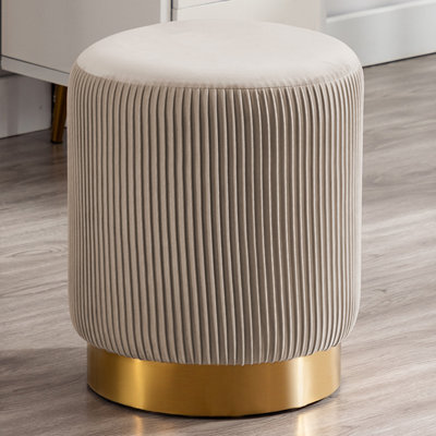 Ceilia 15.5" Wide Pleated Velvet Round Ottoman with Gold Base for Bedroom or Vanity by Mercer41
