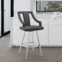 Abhijot Contemporary Swivel Counter or Bar Height Bar Stool with Arms in Faux Leather, and Metal Legs by Corrigan Studio