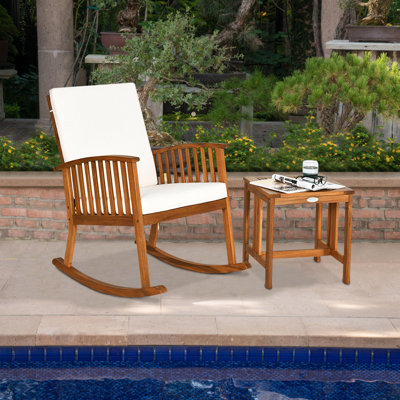 Wachapreague Outdoor Patio 2 Pieces Acacia Wood Rocking Chair Table Set With Cushions by Rosecliff Heights