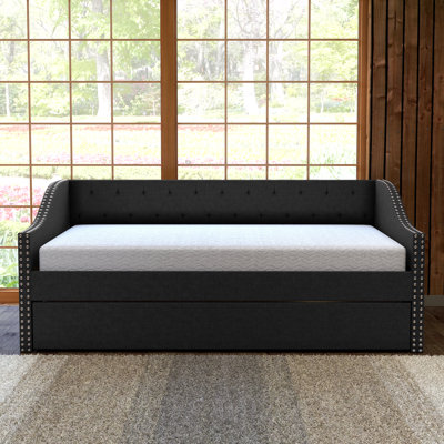Manchester Upholstered Daybed with Pull Out Trundle, Twin Size, Tufted Backboard, by Boyd Sleep