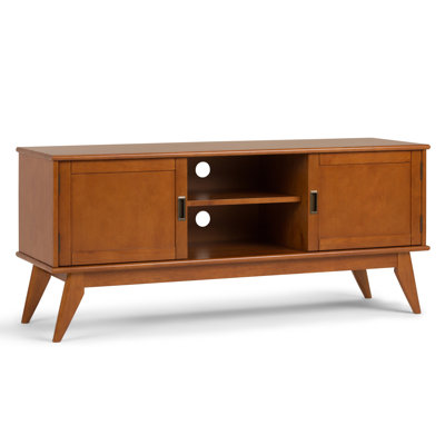 Draper 60"W Solid Wood Mid-Century Modern Low TV Stand for TVs up to 65" with 2 Cabinets and Open Shelves