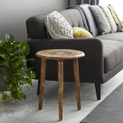 Anthea Mango Wood Handmade Intricately Carved Floral Side End Accent Table with 3 Slender Legs by Dakota Fields