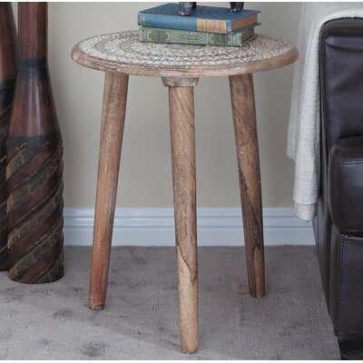 Anthea Mango Wood Handmade Intricately Carved Floral Side End Accent Table with 3 Slender Legs by Dakota Fields