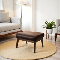 Burnsdale Mid-Century Modern Walnut Wood Dark Brown Distressed Faux Leather Ottoman by George Oliver