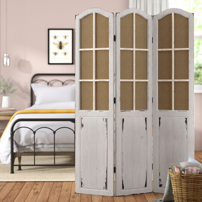 Bigham Beige Wood Hinged Foldable Partition 3 Panel Room Divider Screen w/ Burlap Window Pane Design by One Allium Way