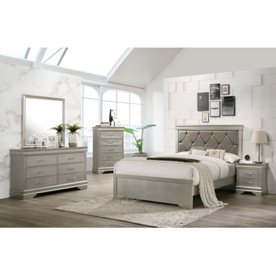 Brightdoon Silver Panel Bedroom Set Special 5 Bed Dresser Mirror Nightstand Chest by Red Barrel Studio