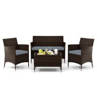 Bryen 4 Pcs Rattan Outdoor Patio Conversation Furniture Set With Glass Table And Comfortable Wicker Sectional Sofa