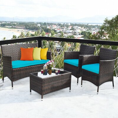 Bryen 4 Pcs Rattan Outdoor Patio Conversation Furniture Set With Glass Table And Comfortable Wicker Sectional Sofa by Winston Porter
