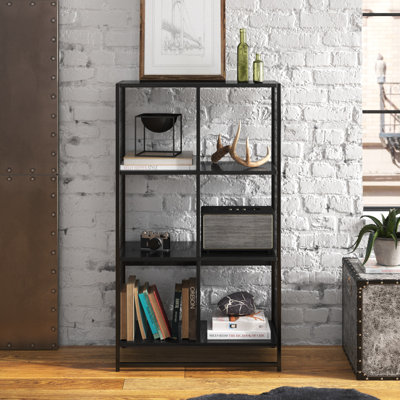 Linco Trellis Open Storage Bookshelf with 6 Cube Compartments Wood Grain and Metal by Steelside