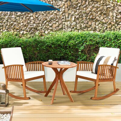 Brielee 3pcs Patio Rocking Chair Set Round Table Solid Wood Cushioned Sofa Garden Deck