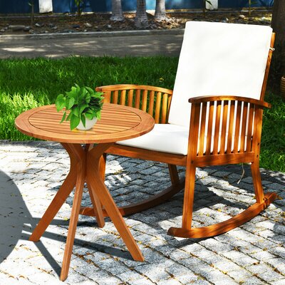 Briehn 2pcs Patio Rocking Chair Set Round Table Solid Wood Cushioned Sofa Garden Deck