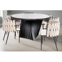 Vernita Waterfall Round Marble Dining Table Set with Sculptural Base and 6 Woven Strap Chairs – 7-Piece Modern Dining Set with Metal Frame by Corrigan Studio