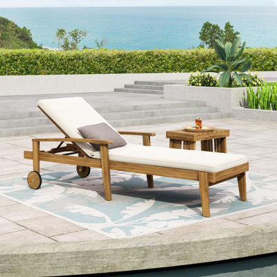 Strausbaugh 78.75" Long Reclining Acacia Single Chaise with Cushions by Laurel Foundry Modern Farmhouse