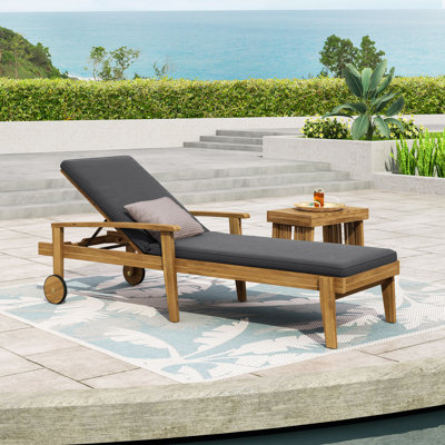 Strausbaugh 78.75" Long Reclining Acacia Single Chaise with Cushions by Laurel Foundry Modern Farmhouse