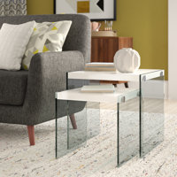Nesting Table, Set Of 2, Side, End, Accent, Living Room, Bedroom, Tempered Glass, Glossy White by Ivy Bronx