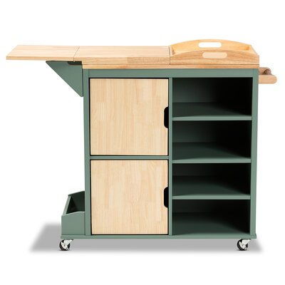Arysta Coastal And Farmhouse Two-Tone Dark Green And Natural Wood Kitchen Storage Cart by Hokku Designs