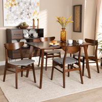 Chavone Mid-Century Modern Transitional Light Beige Fabric Upholstered And Walnut Brown Finished Wood 5-Piece Dining Set by Wade Logan
