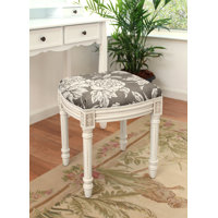 Caramel Peony Linen Upholstered Vanity Stool With Antique White Finish And Welting by Ophelia & Co.