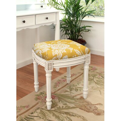 Caramel Peony Linen Upholstered Vanity Stool With Antique White Finish And Welting by Ophelia & Co.