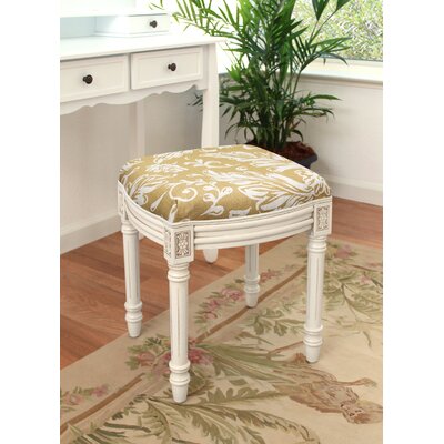 Caramel Tuscan Floral Linen Upholstered Vanity Stool With Antique White Finish And Welting by Ophelia & Co.