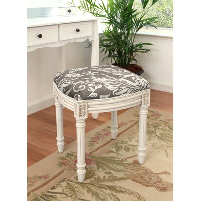 Caramel Tuscan Floral Linen Upholstered Vanity Stool With Antique White Finish And Welting by Ophelia & Co.