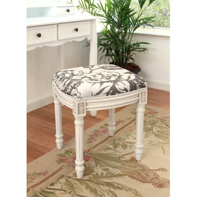 Caramel Tuscan Floral Linen Upholstered Vanity Stool With Antique White Finish And Welting by Ophelia & Co.