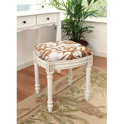 Caramel Tuscan Floral Linen Upholstered Vanity Stool With Antique White Finish And Welting by Ophelia & Co.