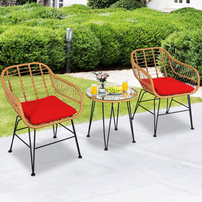 Brookley 3pcs Patio Rattan Bistro Set Coffee Table Armchair Garden Red Cushion
