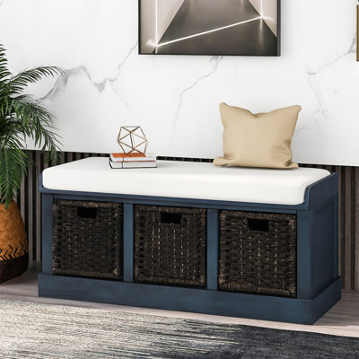 Javier Acacia Wood Upholstered Storage Bench with 3 Drawers and 3 Woven Baskets for Entryways, Bedrooms, or Living Spaces by Sand & Stable