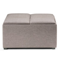 Avalon 35"W Upholstered Linen-Look Fabric Modern Square Coffee Table Storage Ottoman with 4 Flip-Over Trays