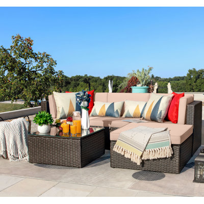 Twyla 5 Piece Rattan Sectional Seating Group with Cushions
