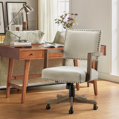 Bromley Farmhouse Linen Task Chair with Solid Wood Arm and Nailhead Trim by Sand & Stable
