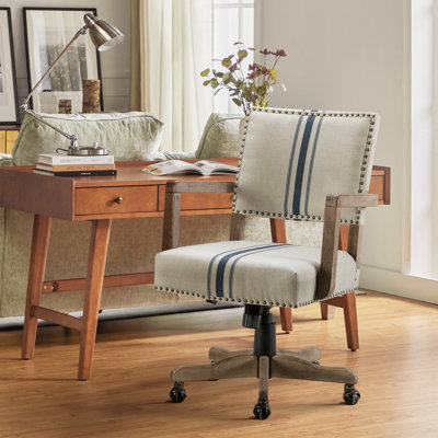 Bromley Farmhouse Linen Task Chair with Solid Wood Arm and Nailhead Trim by Sand & Stable