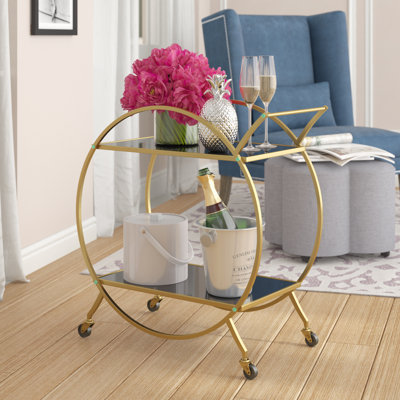 Bray Gold Metal Rolling Round 2 Mirrored Shelf Bar Cart with Top Handle by Willa Arlo Interiors