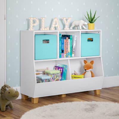 RiverRidge Kids Catch-All Playroom 35in Toy Storage Organizer with 3 Cubbies and 2 Storage Compartments - White with 2 Fabric Bins