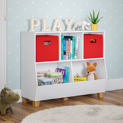 RiverRidge Kids Catch-All Playroom 35in Toy Storage Organizer with 3 Cubbies and 2 Storage Compartments - White with 2 Fabric Bins by RiverRidge Home