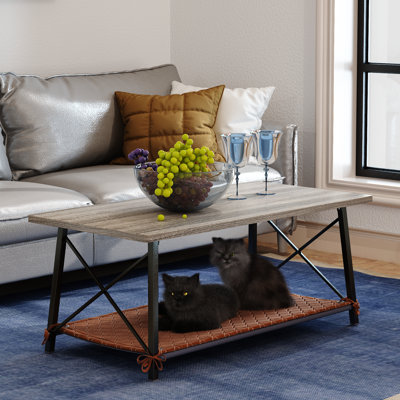 Logan Rectangular Metal Coffee Table with Wooden Top & Shelf Storage by Wade Logan