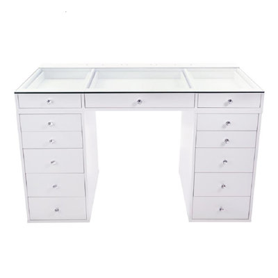 SlayStation Plus 2.0 Tabletop Vanity Desk with Clear Glass Top and 5 Drawer Units Bundle for Storage by Latitude Run